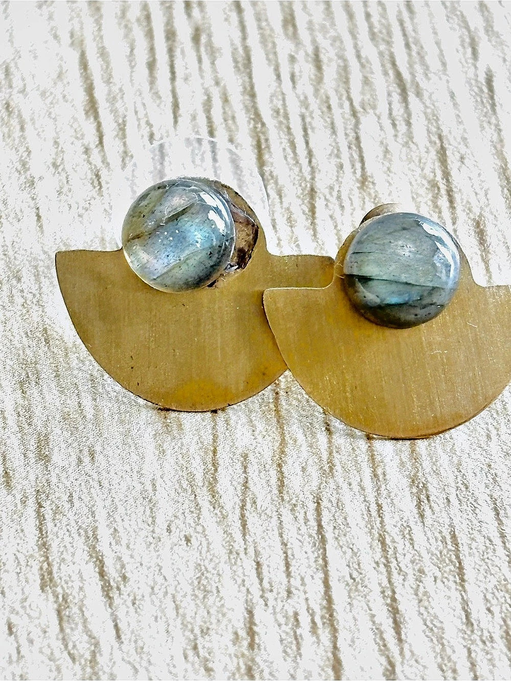 Natural Blue Gemstone with Gold Fan Design Earrings